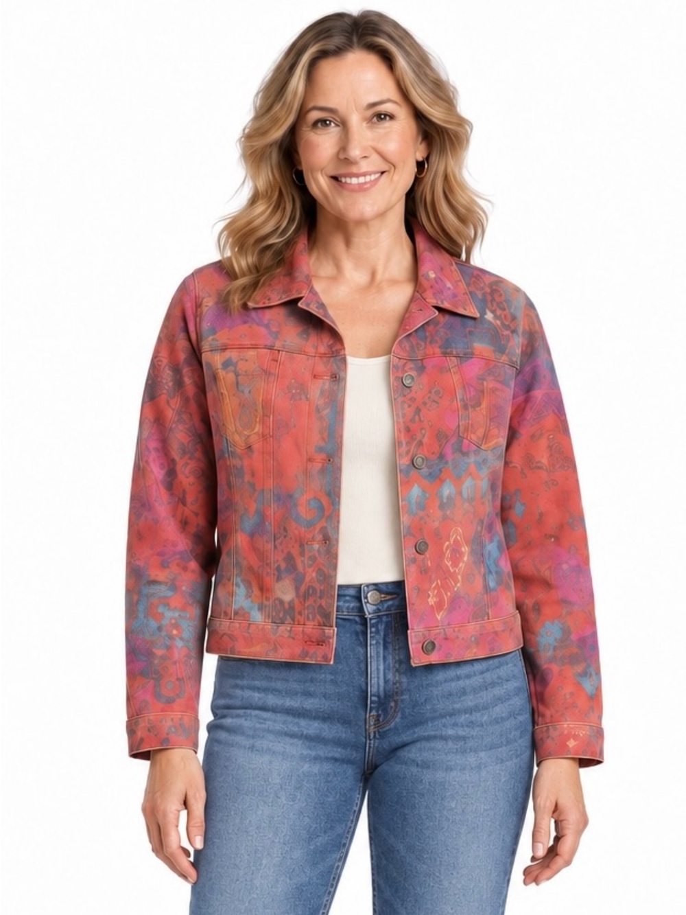 Chico’s Size 1 Artsy Multicolor Denim Jacket Mixed Print Boho